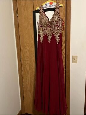 Formal Burgundy Dress with Gold Embellished Bodice